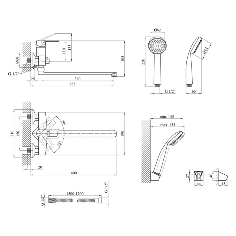 Змішувач для ванної Kroner KRM Zenda - W070