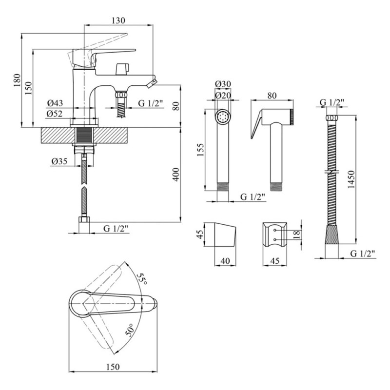 Змішувач для раковини Kroner KRM Elbe - C015 з гігієнічним душем