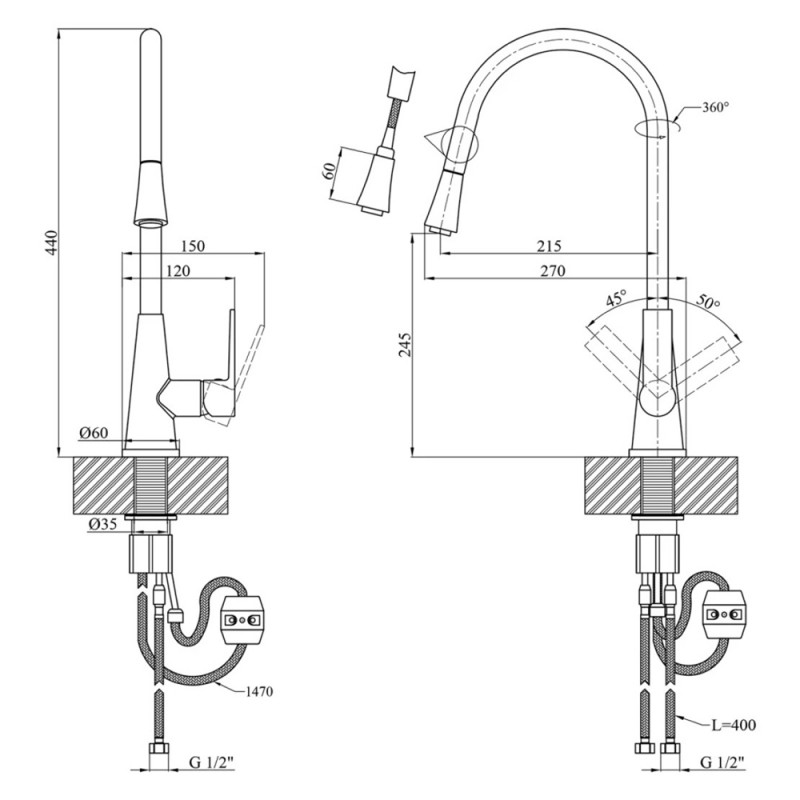 Змішувач для кухні з висувним виливом Kroner KRM 11-013F