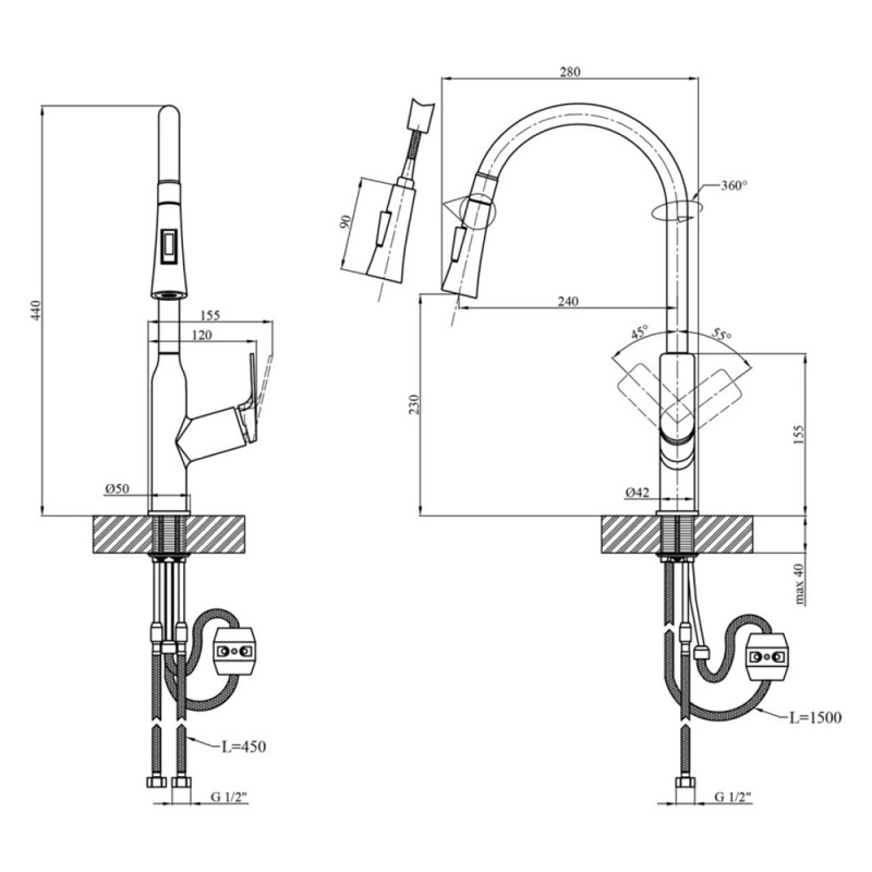 Змішувач для кухні з висувним виливом Kroner KRP Graz - GRP030-T