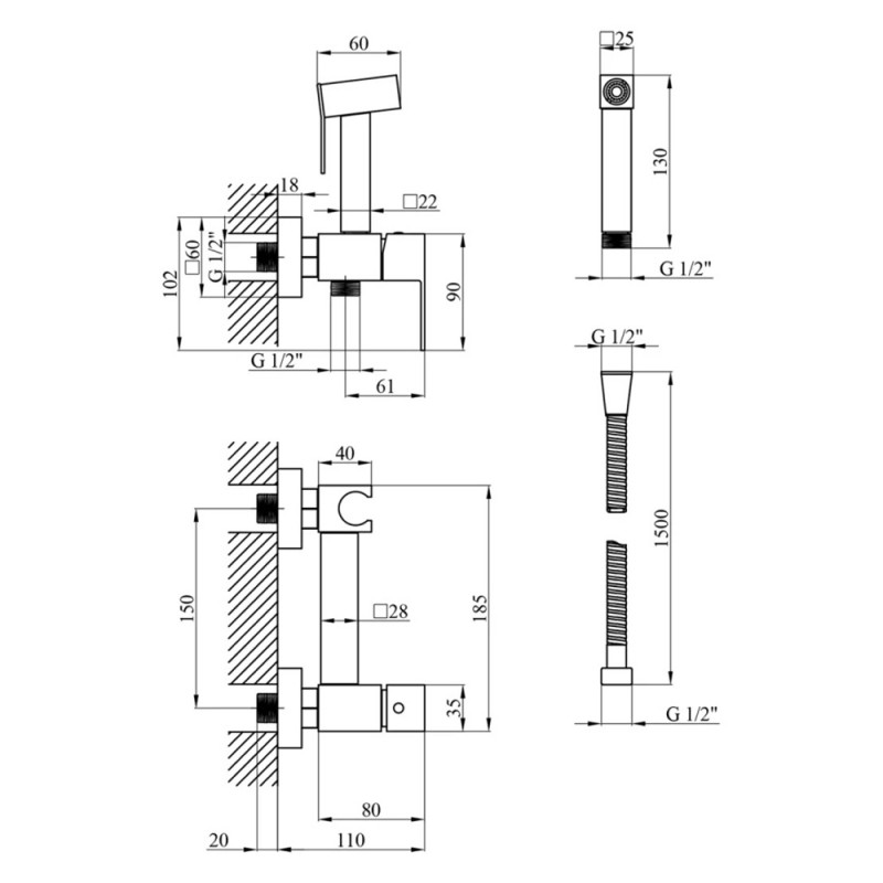 Змішувач для біде Kroner KRP Edelstahl Kubus - CHR052 з гігієнічним душем