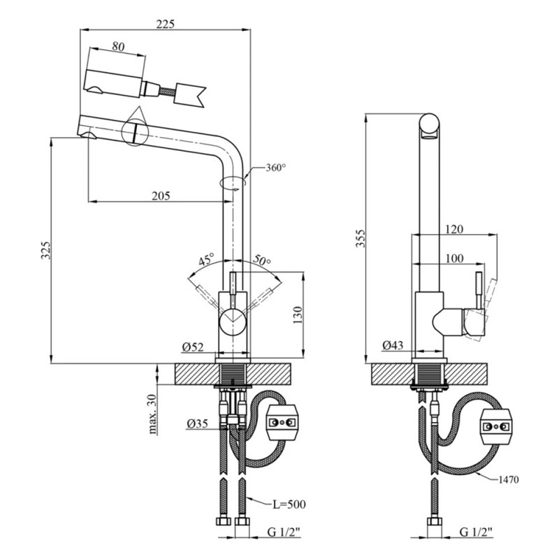 Змішувач для кухні з висувним виливом Kroner KRPё Edelstahl Klassisch - PVD03917