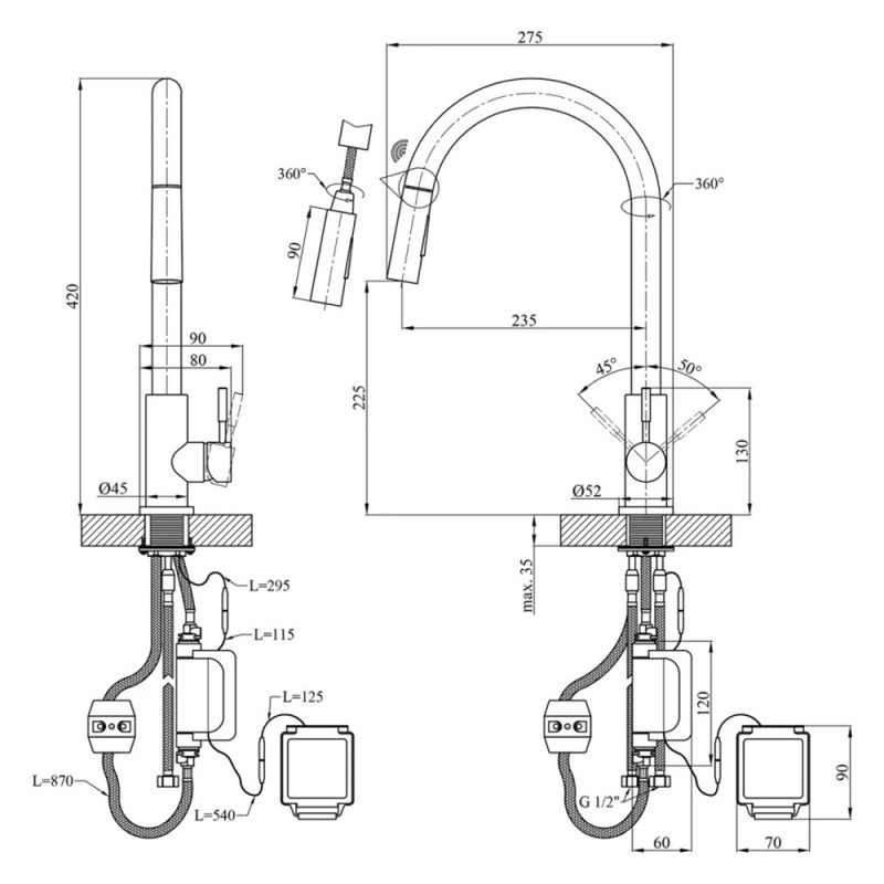 Змішувач для кухні з висувним виливом Kroner KRP Edelstahl Klassisch - PVD03916 сенсорний