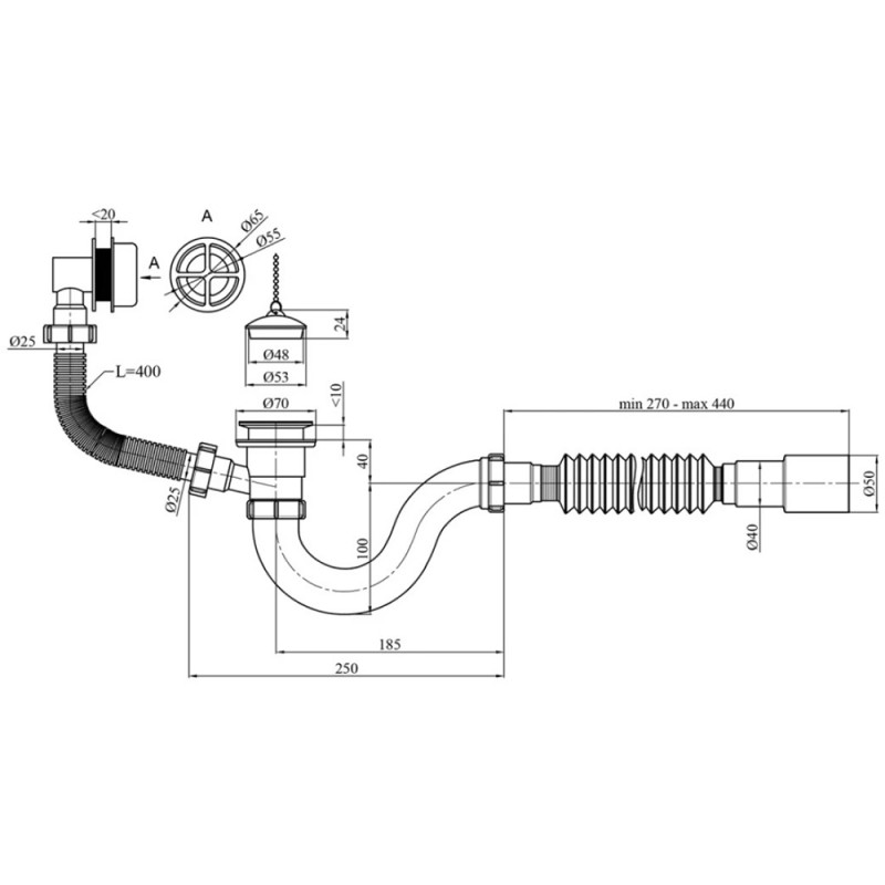 Сифон для ванни Kroner KRP - BS01 1 1/2"х40/50 мм з переливом, прямоточний