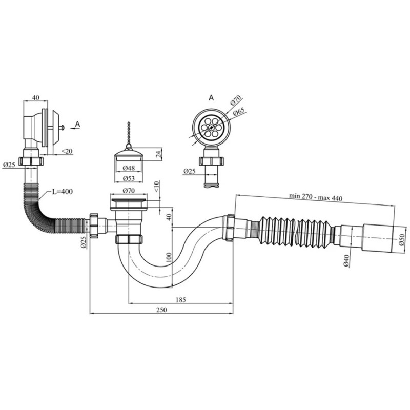 Сифон для ванни Kroner KRP - BS02 1 1/2"х40/50 мм з переливом, прямоточний
