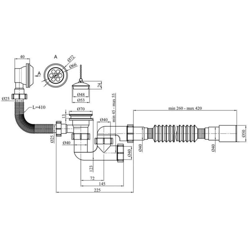 Сифон для ванни Kroner KRP - BS03 1 1/2"х40/50 мм з переливом та ревізією