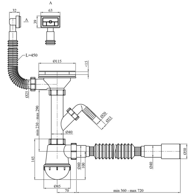 Сифон для кухонної мийки Kroner KRP - KS02-1 3 1/2"х40/50 мм з відводом для пральної машини, з квадратним переливом