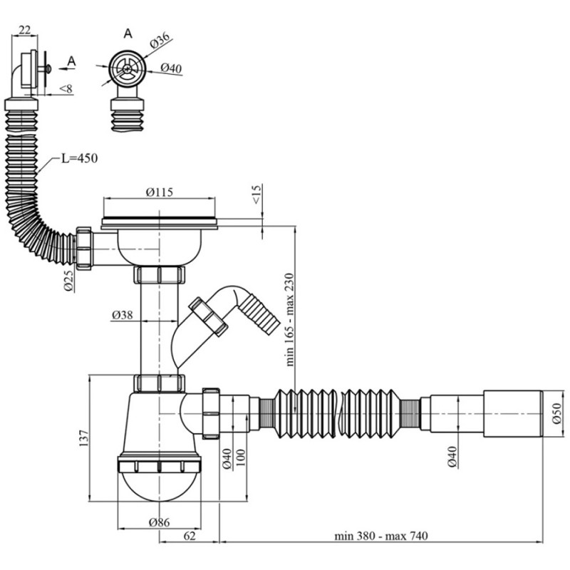 Сифон для кухонної мийки Kroner KRP - KS02R-1 3 1/2"х40/50 мм з відводом для пральної машини, з круглим переливом