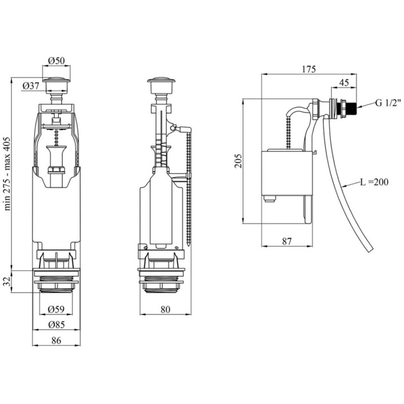 Комплект для бачка унітаза Kroner KRP - KIT6854 з одинарною кнопкою, бокове підведення 1/2"