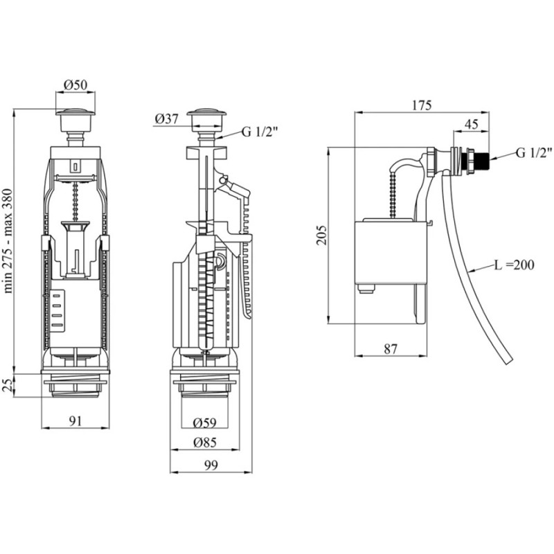 Комплект для бачка унітаза Kroner KRP - KIT7754 з подвійною кнопкою, бокове підведення 1/2"