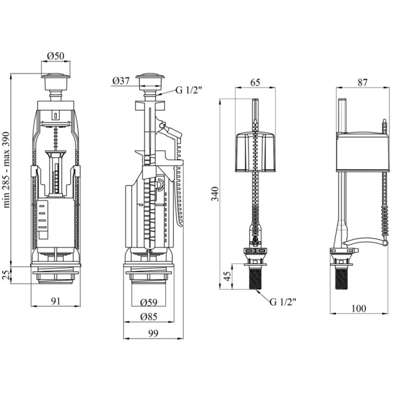 Комплект для бачка унітаза Kroner KRP - KIT7757 з подвійною кнопкою, нижнє підведення 1/2"