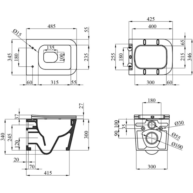 Унітаз підвісний Kroner Eifel WHI483429 TORNADO безобідковий з сидінням