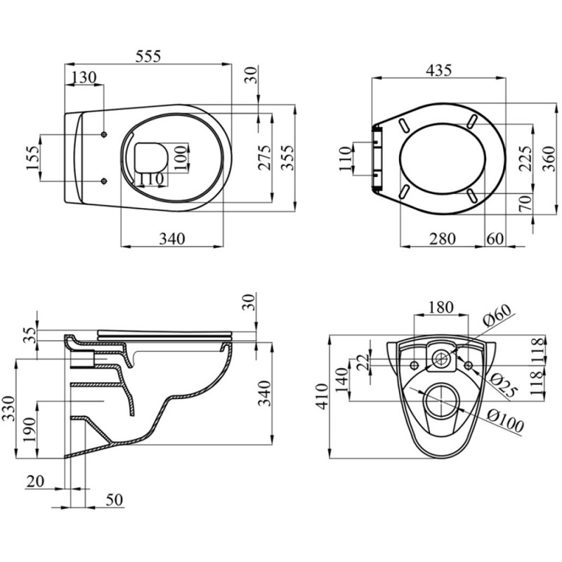 Унітаз підвісний Kroner Oker WHI533536 RIMLESS безобідковий з сидінням