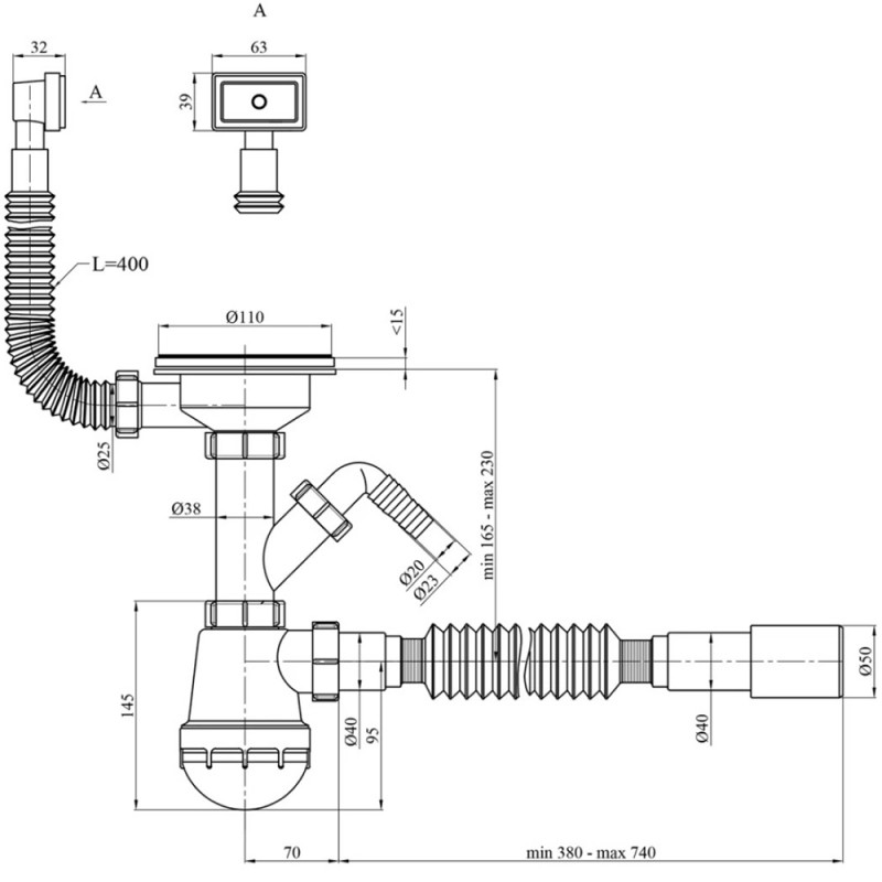 Сифон для кухонної мийки Kroner KRP KS02-1WHI 3 1/2"х40/50 мм з відводом для пральної машини, з квадратним переливом