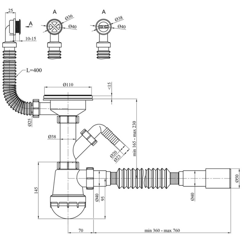 Сифон для кухонної мийки Kroner KRP KS02R-1WHI 3 1/2"х40/50 мм з відводом для пральної машини, з круглим переливом