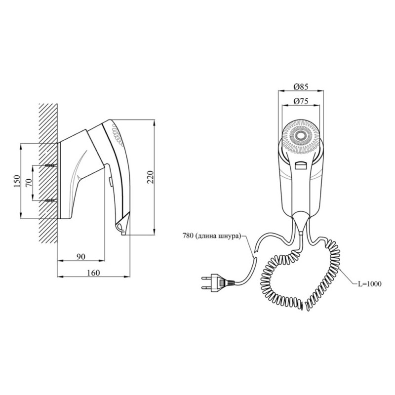 Фен настінний 1100W Kroner KRM UlM - ACP0901
