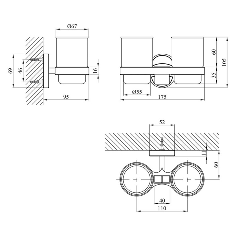Склянка подвійна для ванної кімнати Kroner KRM Elbe - ACG2908 з тримачем зубних щіток