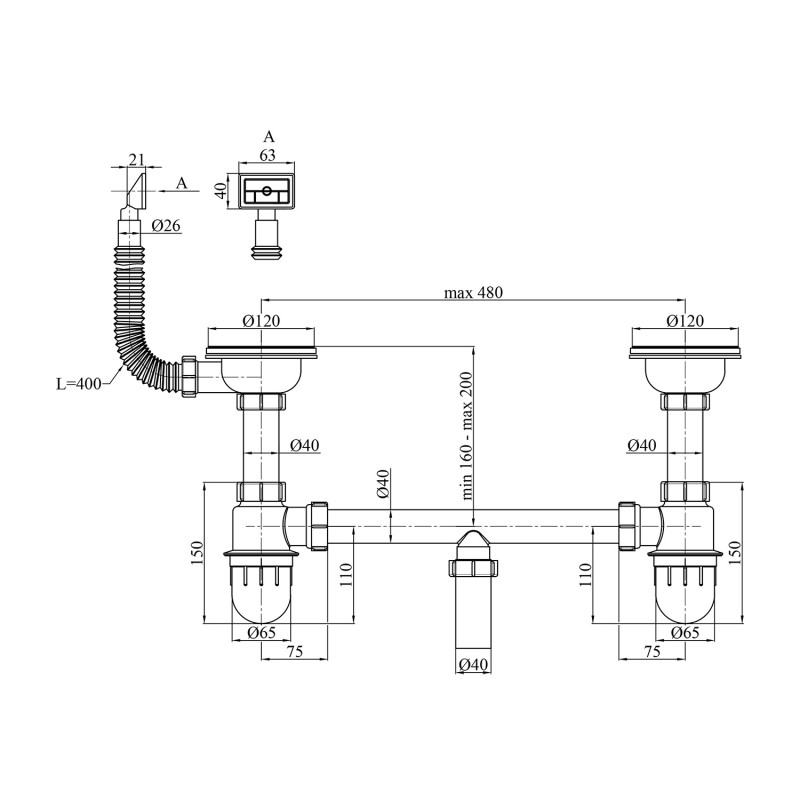 Сифон для кухонної мийки Kroner KRP Siphon - 012 3 1/2"- 50/40 мм